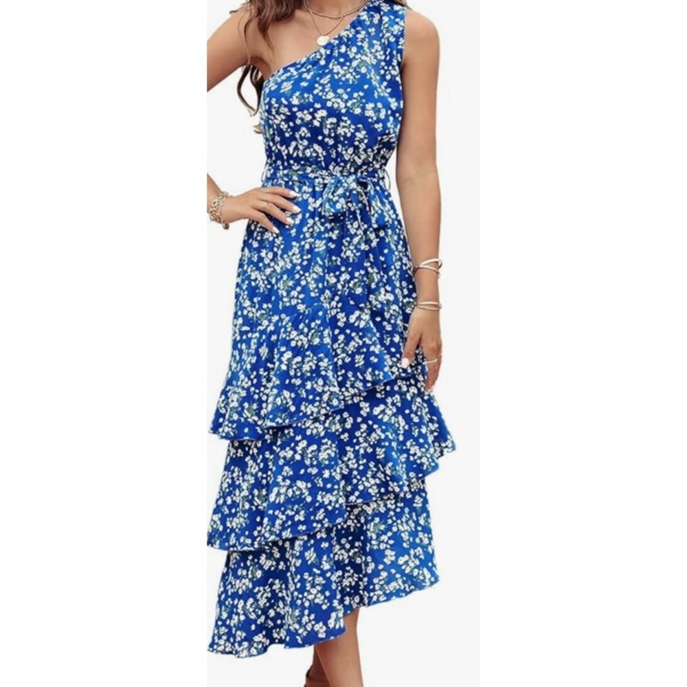 Floral Blue One-Shoulder Dress